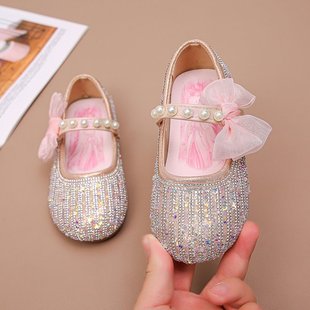 Princess Shoes Girls' Spring and Autumn Shining Crystal Shoes 2025 New Children's Shoes Soft-soled Girls Leather Shoes with Dress