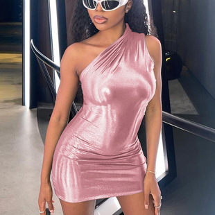 European and American Foreign Trade Women's Sexy Spice Girl Repair Tight High Waist Stretch Hip Skirt Slant Shoulder Sleeveless Dress