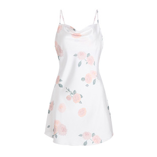 Guiruo Satin Printed Sexy Swing Collar Floral Backless Sling Nightgown Mesh Gown Women's Home suit 3780