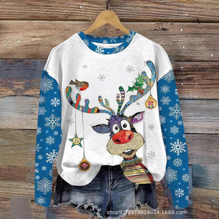 2024 Cross-Border Export New 3D Christmas Pattern Printed Shading Autumn and Winter Round Neck Long-Sleeved Sweatshirt Women's Tops