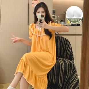 Nightgown Women's Milk Ribbon Chest Pad Summer Sweet Princess Style Mid-length Dress Solid Color Home Clothes Wholesale