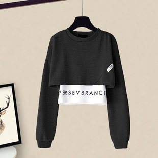 Small Sports Style Suit for Women Early Autumn New Fake Two-piece Short Sweatshirt Slit Slightly Flared Casual Pants Two-piece Set