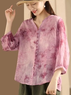 2024 Summer New Vintage Tie-Dye Pure Ramie Shirt Loose Thin Elegant Women's Artistic Seven-Sleeve Top