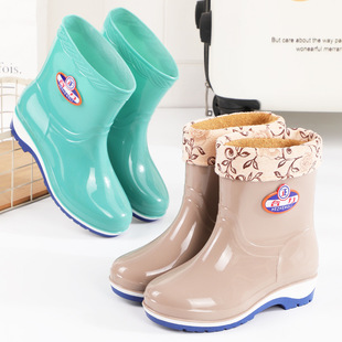 Four Seasons Rain Boots Women's Middle Tube Adult fleece-lined Rain Boots Fashion Waterproof Shoes Women's Non-Slip Short Tube Rubber Shoes Water Boots Warm
