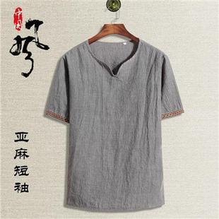 Summer V-neck linen short-sleeved men's breathable cotton and linen T-shirt casual versatile half-sleeve men's vintage T-shirt thin top
