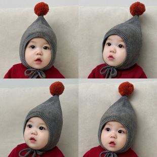 Ins Baby Cute Fur Ball Knitted Ear Protection Hat Autumn and Winter Baby Boys and Girls Warm Tie-up Pointed Wizard Wool Hat