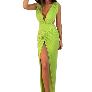 European and American 2025 Spring Amazon New Cross-border Women's Backless Sexy V-Neck Fashion Elegant Split dress