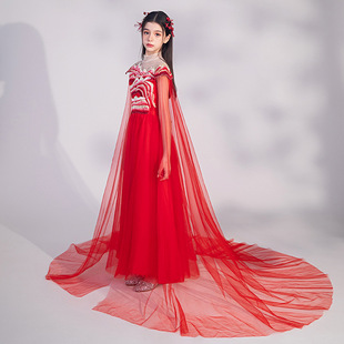 Girl's Guzheng Performance Suit Chinese Style Art Test Red Host Performance Suit Ink and Ink Thousand Miles Jiangshan Children's Dress