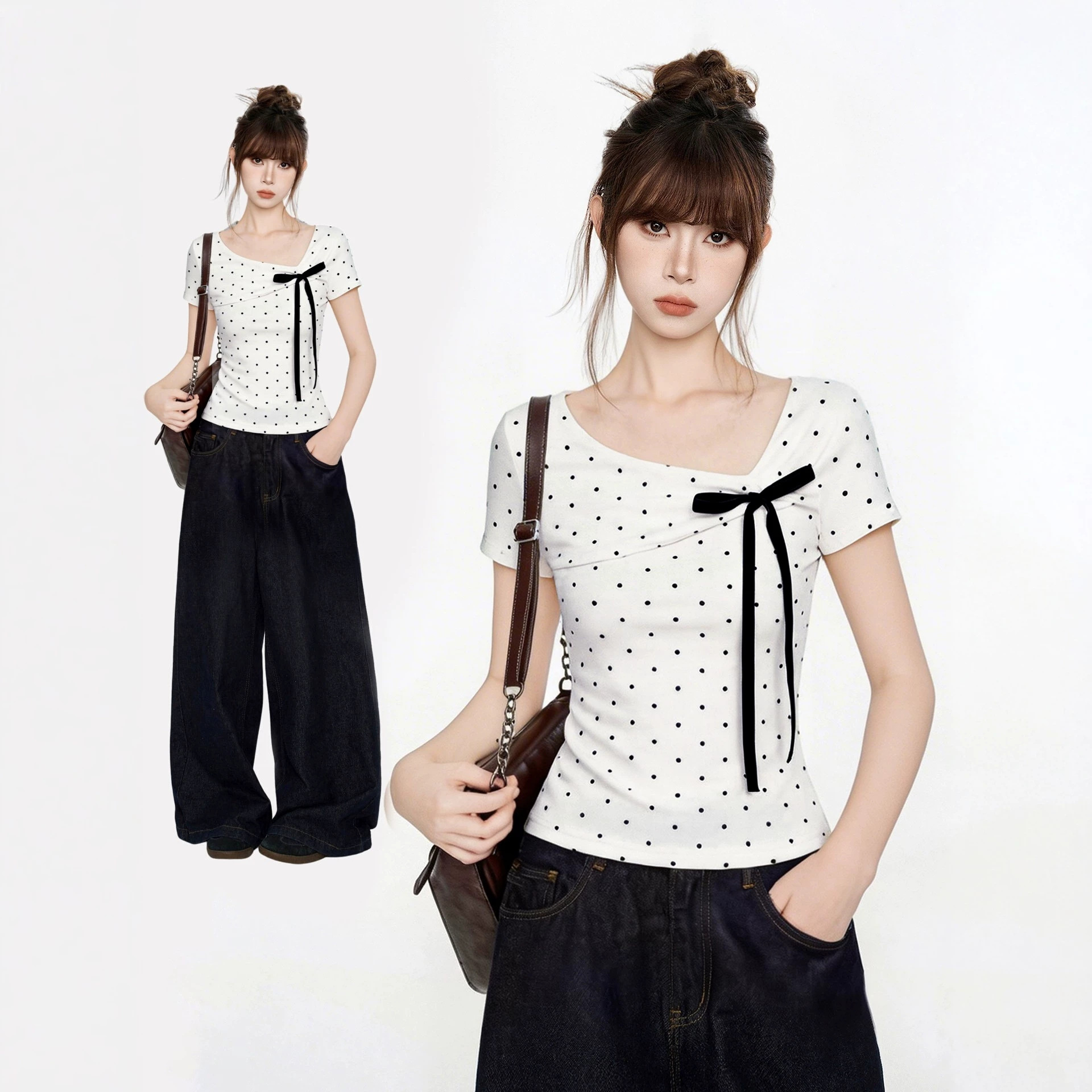 New Korean-Style Women's Summer Shirt with Bow Tie, Slim Fit, Polka Dots, Irregular Collar, Very Attractive Short-Sleeved Top