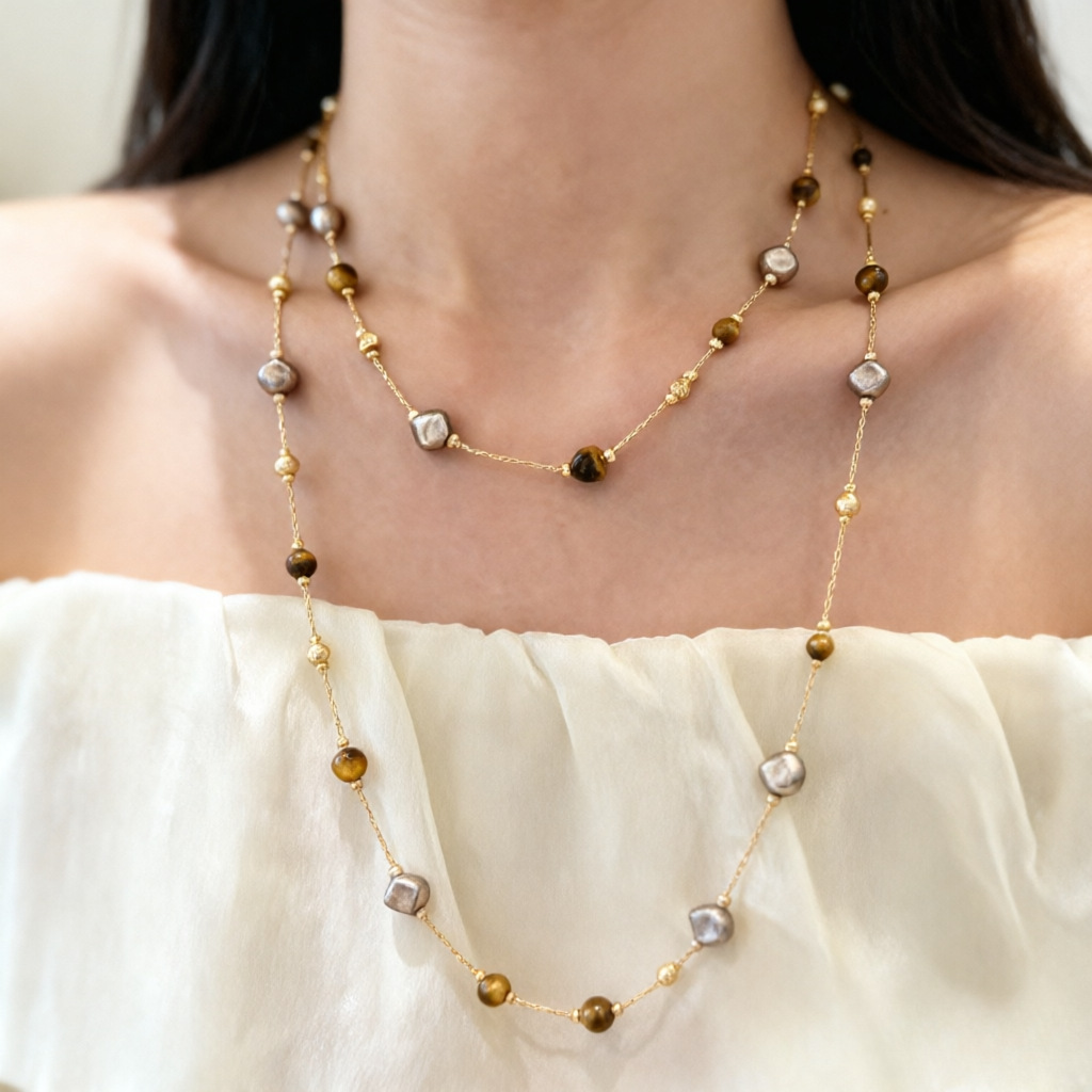 Maillard Tiger Eye Stone Pearl Necklace, popular versatile light luxury high-end spring and autumn long sweater chain