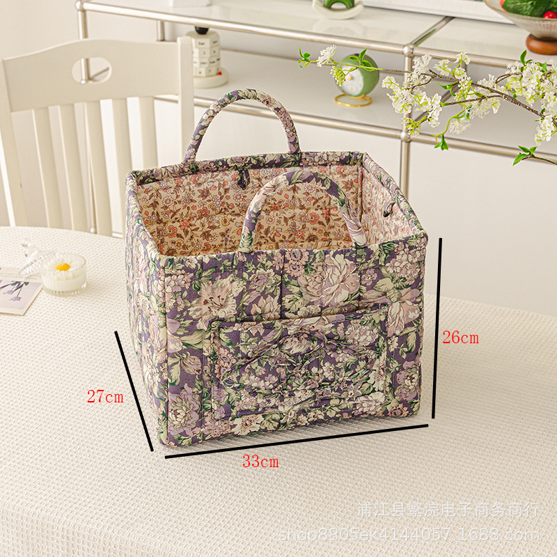 Cross-border supplier wholesale in-stock floral quilted hand-held storage basket cotton fabric home miscellaneous storage basket