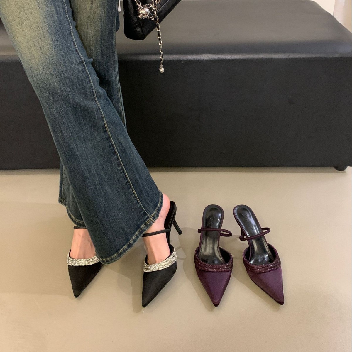 2024 Winter New Pointed-Toe Purple Stiletto High-Heeled Shallow Mouth Rhinestone One-Strap Satin Sandals Half-Slip Sandals for Women