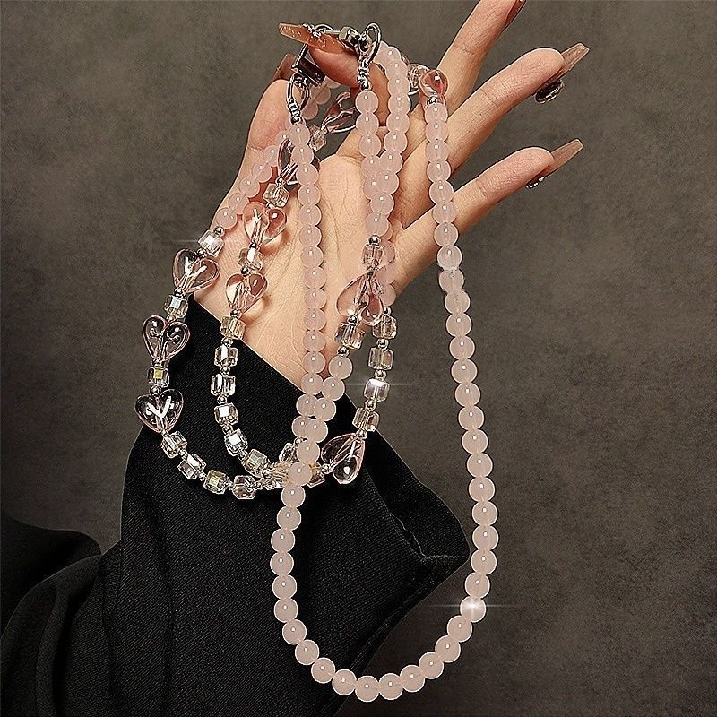 Fashionable and Fresh Style Phone Lanyard with Heart-Shaped Beads and Crystal Phone Chain, Long Crossbody Strap, Bag Accessory