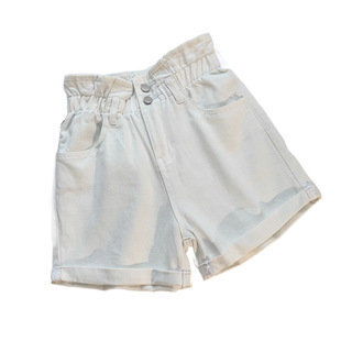 High Waist Cuff Denim Shorts Women's Summer plus size chubby girl Elasticated Waist Korean Style Slimming Loose Wide Leg A- Shaped Hot Pants
