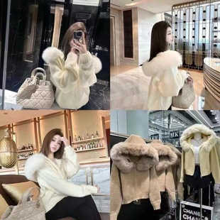 Coat Women 2024 New Hooded Short Maillard Spring and Autumn Knitted Cardigan Small Fox Fur Collar