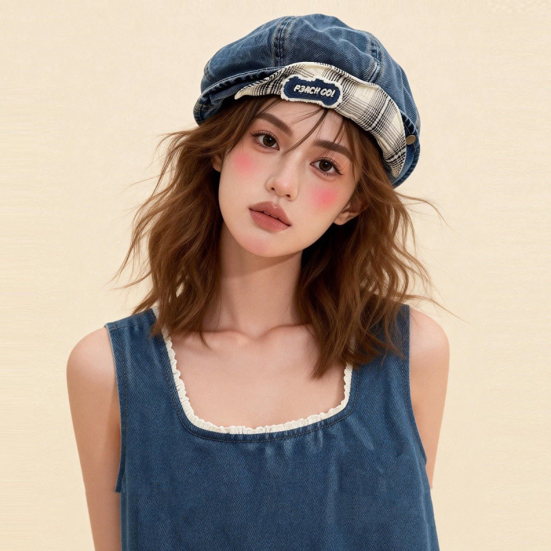Flip-Brim Denim Beret for Women, Spring/Summer 2026 New Korean Style, Large Head Circumference Octagonal Hat, Face-Slimming Artist Hat