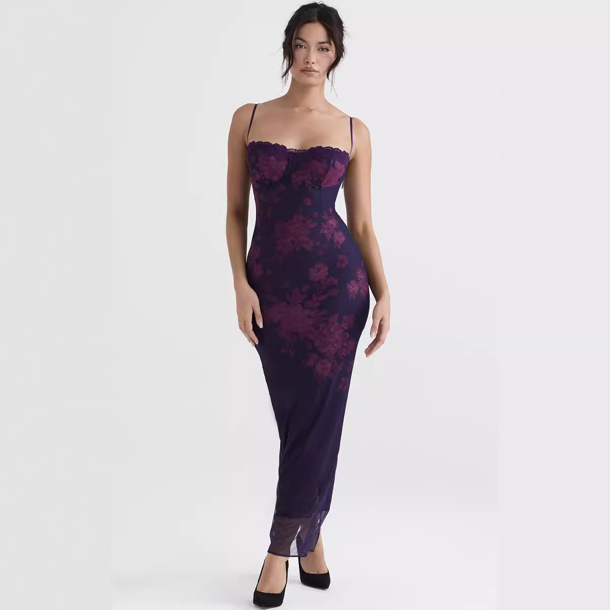 2026 European and American Style Waist-Cinching Slimming Sexy Dress Versatile Printed Spaghetti Strap Long Slit Dress for Women Spring and Summer