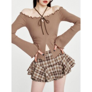 American Retro High Waist Slimming Plaid Tutu Skirt Women's A- Line Anti-Light Ruffled Plaid Trendy Skirt