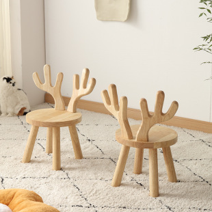 Children's Stool Backrest Chair Cartoon Animal Rubber Wood Solid Wood Small Stool Creative Cute Baby Fawn Low Stool