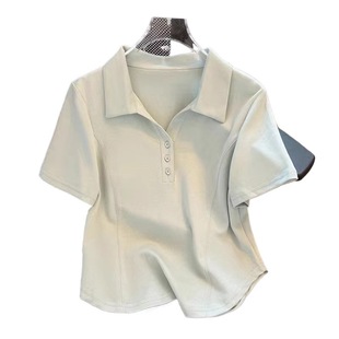 plus size Solid Shoulder Age-reducing Polo Design Short-sleeved T-shirt for Women