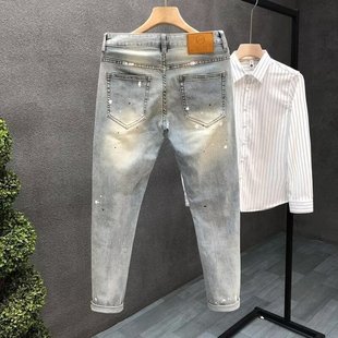 High-end fashion brand handsome splash ink slim jeans four seasons ruffian handsome Denim pants small feet pencil pants tide