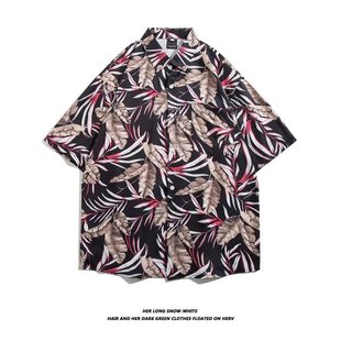 Retro Hong Kong style Hawaiian flower shirt men's trendy loose casual all-match Beach holiday style couple's short sleeve shirt