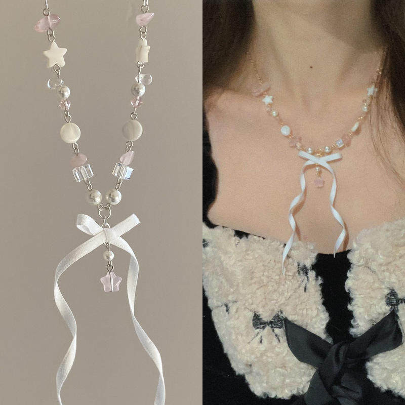 "Mianmeng Girl" Ballet Style Ribbon Bow Exquisite Dreamy Five-Pointed Star All Year Round Sweet Necklace New Style for Women