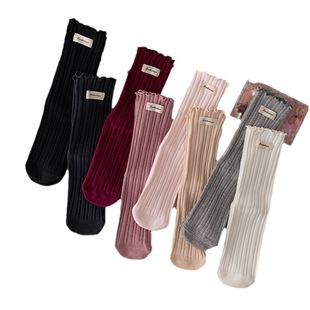 Solid Color Simple Versatile Socks for Women Sweet and Cool Fungus Edge Vertical Stripesd Pile Socks ins Trendy Personalized Label Mid-tube Socks