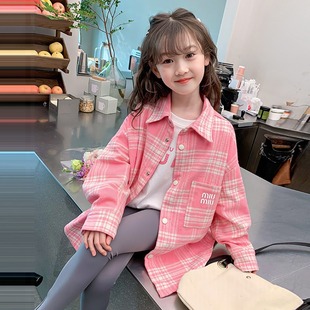 Girl's Shirt Spring 2024 New Style Children's Long Sleeve Plaid Shirt Spring and Autumn Coat Little Girl's Top