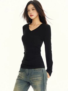Base Shirt Women's Long-sleeved T-shirt Women's V-neck Stretch Slim-fit All-match Inner Base Shirt V-neck Solid Color Top for Women