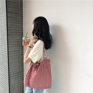 L308 summer new red and white plaid girl's heart lace-up cloth bag Korean style fresh Artistic Women's bag fashion