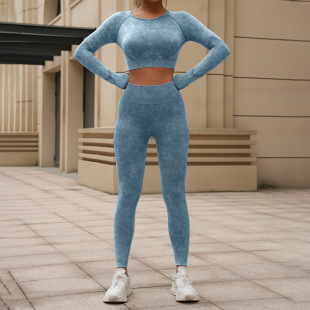 European and American Washed Yoga Clothing suit Women's Long-sleeved Pants Two-piece Set Slim-fit Honey Hip Washed Fitness Pants suit
