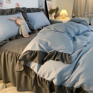 Washed Cotton Four-piece Set Ruffled Ins Style Quilt Cover Bed Sheet Bed Skirt Girl's Dormitory Quilt Cover Bed Three-piece Set