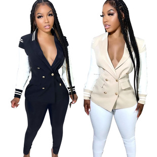 LD83136 autumn and winter European and American women's lapel stitching suit button jacket commuter tight stitching pants suit