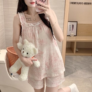 Comes with Chest Pad One-piece Pajamas Women's Sling Thin 2024 New Hot Style Sleeveless Shorts Outwear Fashionable Home Clothes