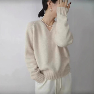Autumn and Winter New European V-neck Wool Sweater Women's Thickened Loose Lazy Style Sweater Knitted All-match Knitted Base Shirt