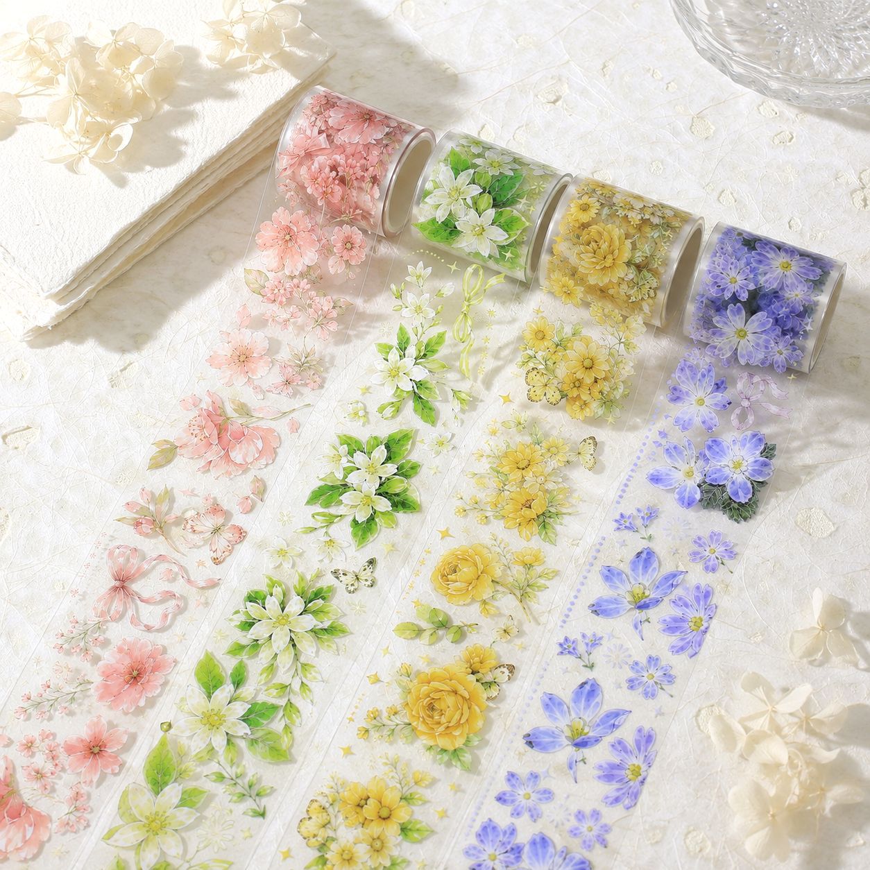 Floral Satin Whisper PET Waterproof Floral Tape, Journal Collage Decorative Transparent Tape, Decorative Reusable Stickers, 4 Designs
