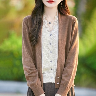 Worsted Wool Knitted Cardigan Women's V-neck Contrast Color Lace Crochet Loose Elegant Simple Buckle Fake Two-piece Jacket