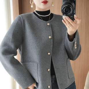 Round Neck Double-Sided Cashmere Coat Women's Short Korean-Style Loose 100 Wool Coat for Petite