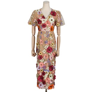 European and American Cross-border Three-dimensional Flower dress V-neck Embroidered Mesh Banquet Dress Puff Sleeve Hip dress