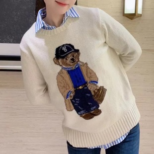Autumn/winter 2024 bear handmade crochet color matching pattern creamy-white heavy embroidery American R * L cartoon bear sweater