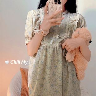 Summer Short-sleeved Nightdress Floral Simple Pajamas Loose Women's Plus Fat Medium Simple Long Sweet Home Clothes for Women