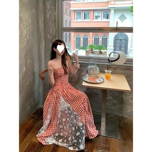 French Style Holiday Style Striped Plaid Lace Stitching Strapless dress Summer Elegant Tight Waist Slimming A- line Long Dress
