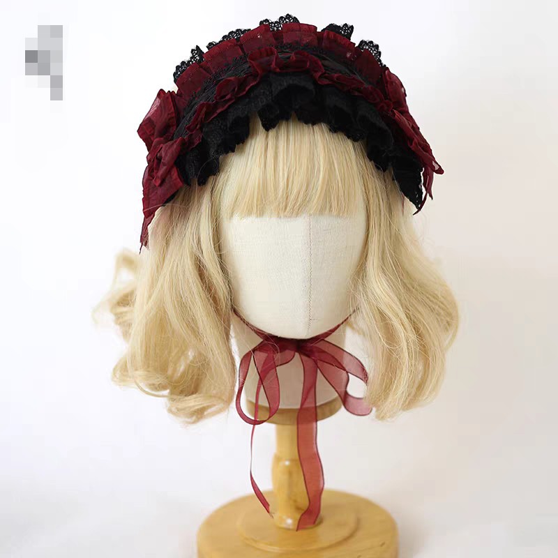 Mood-Limited Lolita Headdress Doll-Like Bow Headband Kc Gothic Black and Red Lo Girl Waltz Hair Accessory