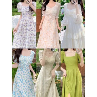 Hangzhou Sijiqing Women's Wear dress 2023 Summer New French Style Fairy Style Square Collar Waist-closed Milk Sweet First Love Long Skirt