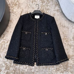 Anfiona 2024 Autumn and Winter New Black Gold Wheat Ear Fragrant Tweed Chain Lace Hidden Button Women's Down Jacket