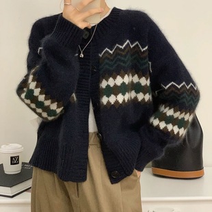 Retro Diamond Jacquard Knitted Cardigan Women's 24-Year Fall/Winter Ethnic Soft Waxy Sweater Jacket Loose Top