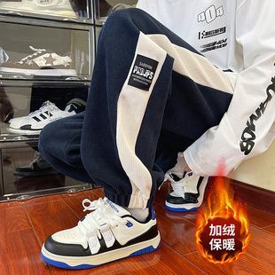 Autumn and Winter new men's corduroy casual pants boys fleece-lined ankle-tied pants trendy loose wide-leg sports long pants
