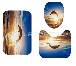 Factory Wholesale Polyester Digital Printing Shower Curtain Floor Mat Four-piece Set Toilet Three-piece Set Beach Dolphin Sunset Scenery