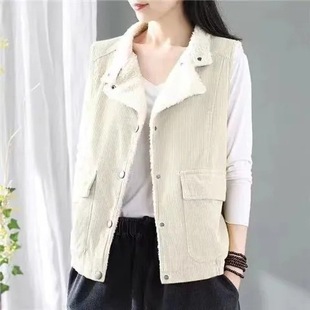 2023 autumn and winter retro corduroy vest women's fleece-lined thickened lambswool sleeveless fleece-lined vest suit collar coat